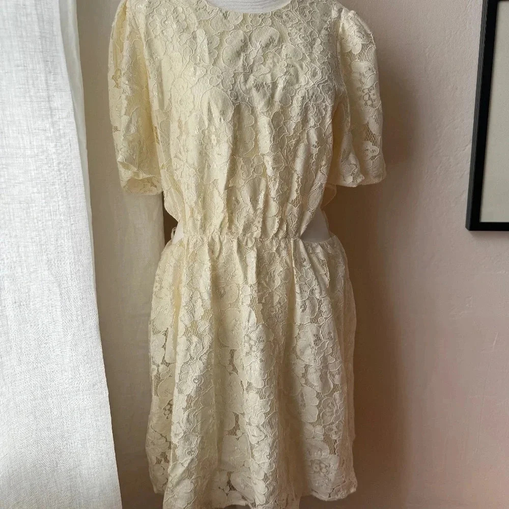 NWOT WAYF Ivory Plaza Floral Side Cut-Out Lace Mini Dress Size Large L